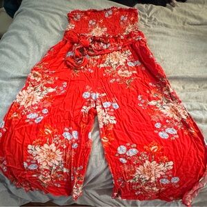 American Eagle Red Jumpsuit with Floral Patterns